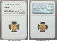 Ferdinand VI gold 1/2 Escudo 1758 M-JB MS64 NGC, Madrid mint, KM378. Struck from worn dies which may give a false impression of wear, as this is indee...