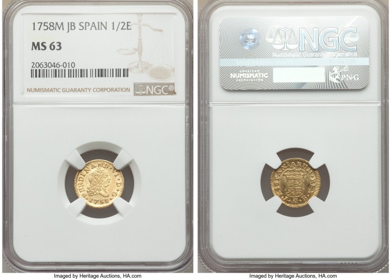 Ferdinand VI gold 1/2 Escudo 1758-JB MS63 NGC, Madrid mint, KM378. Impressively ...