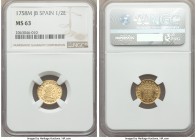 Ferdinand VI gold 1/2 Escudo 1758-JB MS63 NGC, Madrid mint, KM378. Impressively bright, with a robust luster glimmering across pleasing fields, and in...