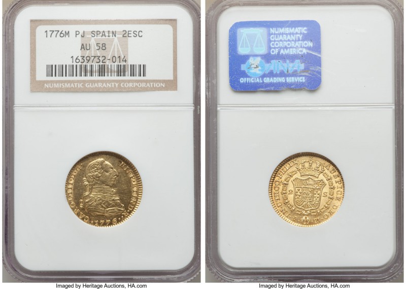 Charles III gold 2 Escudos 1776/4 M-PJ AU58 NGC, Madrid mint, KM417.1 (overdate ...