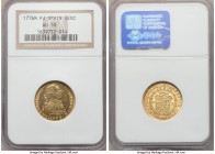 Charles III gold 2 Escudos 1776/4 M-PJ AU58 NGC, Madrid mint, KM417.1 (overdate unlisted). An always popular and historic date, incredibly scarce in t...