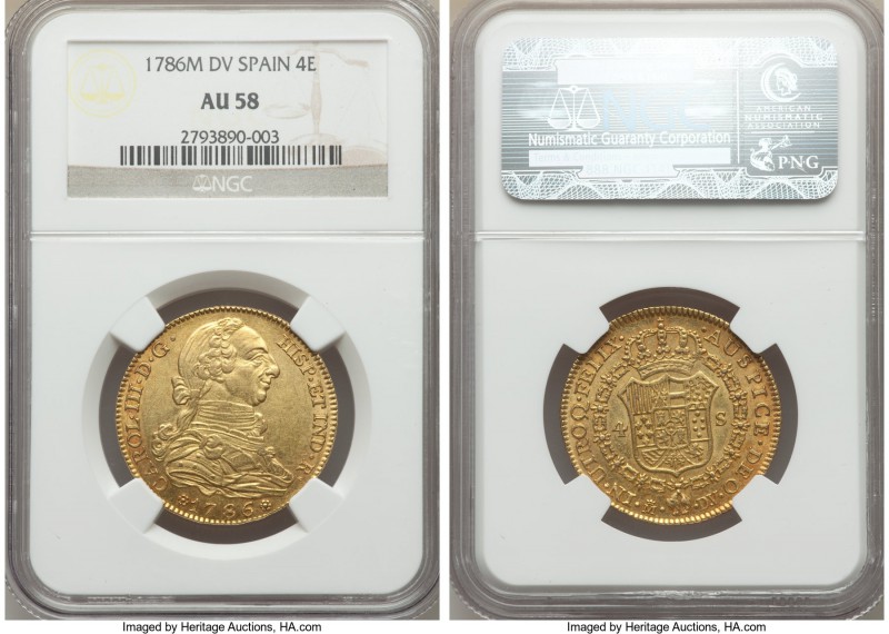 Charles III gold 4 Escudos 1786 M-DV AU58 NGC, Madrid mint, KM418.1a. Very desir...