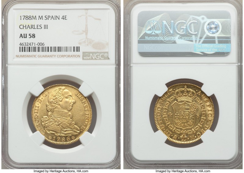 Charles III gold 4 Escudos 1788 M-M AU58 NGC, Madrid mint, KM418.1a. This exampl...