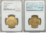 Charles III gold 4 Escudos 1788 M-M AU58 NGC, Madrid mint, KM418.1a. This example has seen only the most minimal of circulation, and still retains a g...