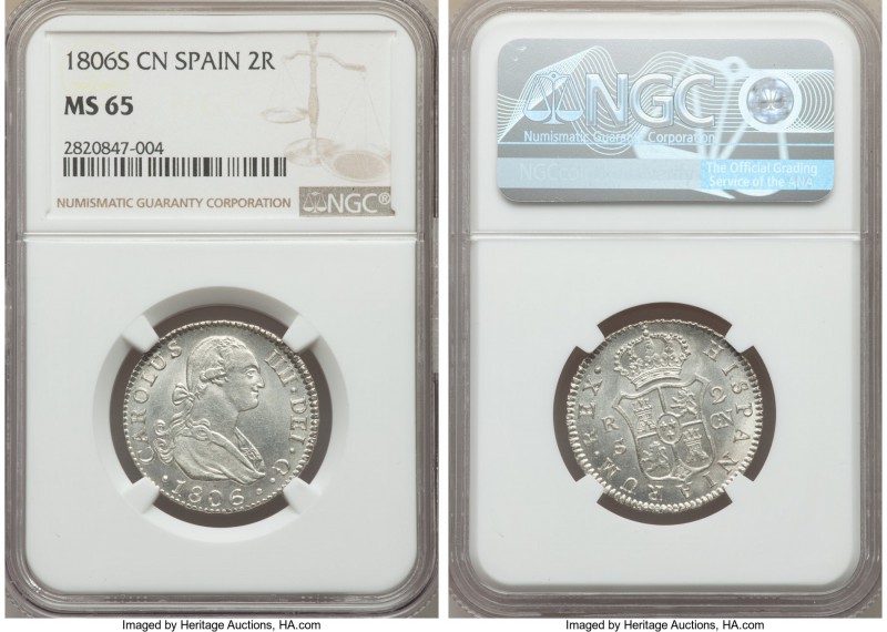 Charles IV 2 Reales 1806 S-CN MS65 NGC, Seville mint, KM430.2. A quite indisputa...