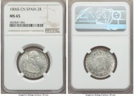 Charles IV 2 Reales 1806 S-CN MS65 NGC, Seville mint, KM430.2. A quite indisputable gem, silky white across the surfaces and the single example to ach...