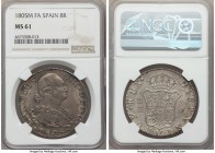 Charles IV 8 Reales 1805 M-FA MS61 NGC, Madrid mint, KM432.1. A date hardly ever encountered in Mint State. With attractive gunmetal gray toning and f...