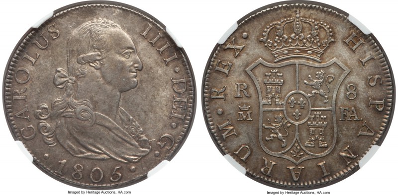 Charles IV 8 Reales 1805 M-FA AU58 NGC, Madrid mint, KM432.1. The second finest ...