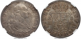 Charles IV 8 Reales 1805 M-FA AU58 NGC, Madrid mint, KM432.1. The second finest example of the type certified by NGC, and for a type that seldom appro...