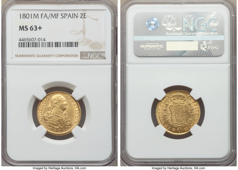 Charles IV gold 2 Escudos 1801 M-FA/MF MS63+ NGC, Madrid mint, KM435.1. A marvel...