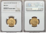 Charles IV gold 2 Escudos 1801 M-FA/MF MS63+ NGC, Madrid mint, KM435.1. A marvelous offering showing a phenomenal strike coupled with silky luster.

H...
