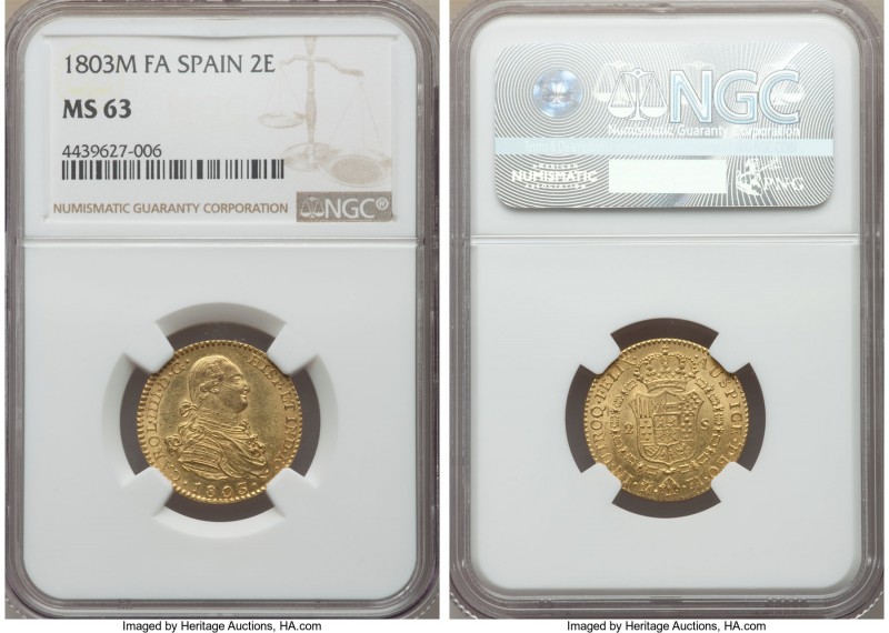 Charles IV gold 2 Escudos 1803 M-FA MS63 NGC, Madrid mint, KM435.1. Sun gold and...
