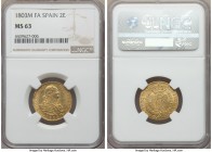Charles IV gold 2 Escudos 1803 M-FA MS63 NGC, Madrid mint, KM435.1. Sun gold and well-struck, certainly scarce at this choice level of preservation.

...