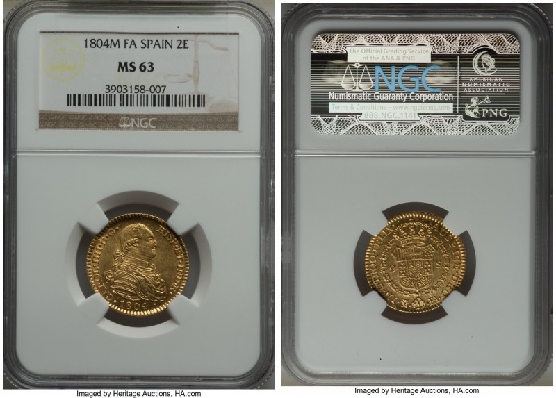 Charles IV gold 2 Escudos 1804 M-FA MS63 NGC, Madrid mint, KM435.1. An overall p...