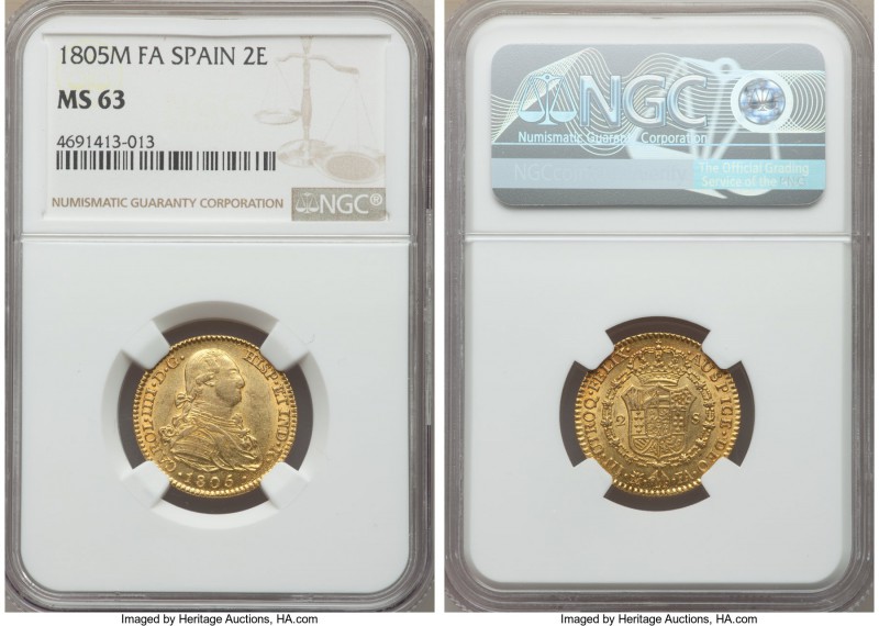 Charles IV gold 2 Escudos 1805 M-FA MS63 NGC, Madrid mint, KM435.1. Fully alluri...