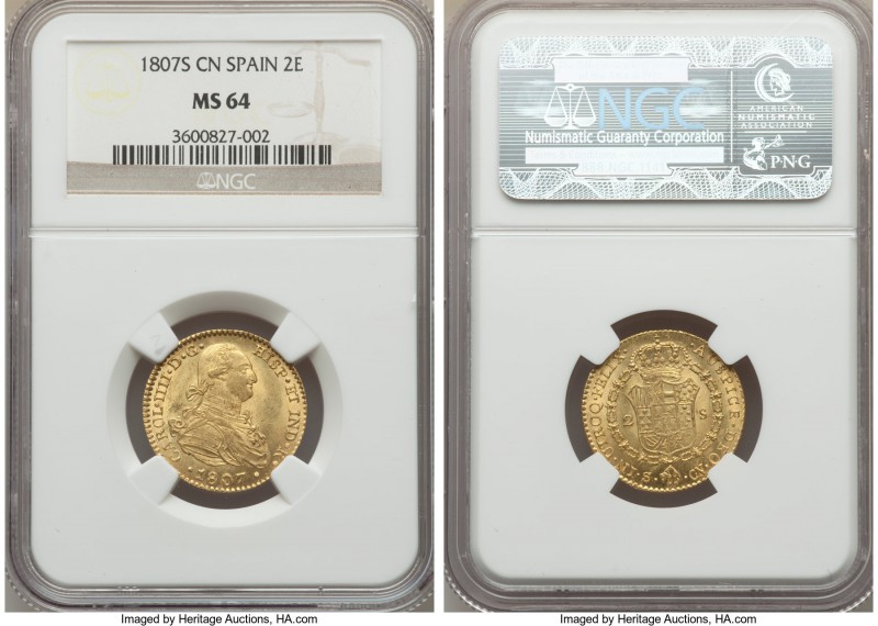 Charles IV gold 2 Escudos 1807 S-CN MS64 NGC, Seville mint, KM435.2. Fully brill...