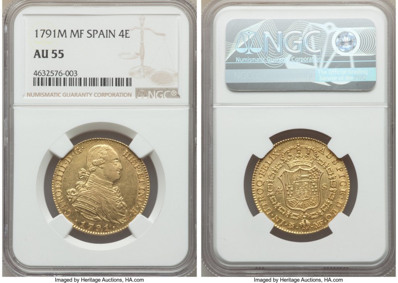 Charles IV gold 4 Escudos 1791 M-MF AU55 NGC, Madrid mint, KM436.1. Lustrous wit...