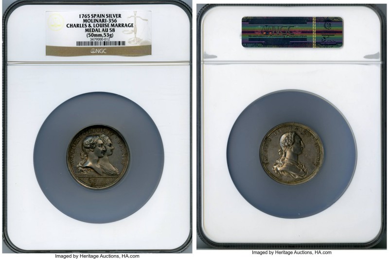 Charles IV silver Marriage Medal 1765 AU58 NGC, 50mm, 53gm, Molinari-356, Vives-...