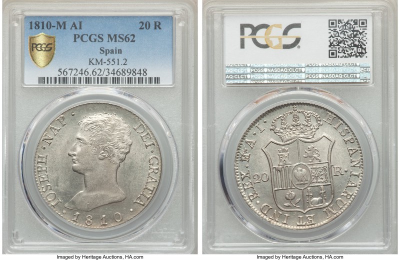 Joseph Napoleon "De Vellon" 20 Reales 1810 M-AI MS62 PCGS, Madrid mint, KM551.2....