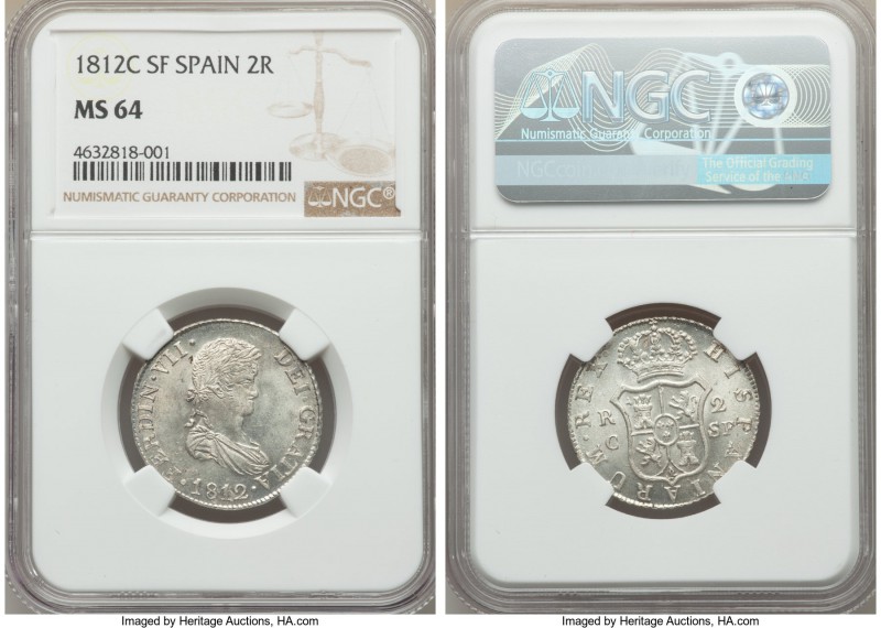 Ferdinand VII 2 Reales 1812 C-SF MS64 NGC, Catalonia mint, KM464. Sharply struck...