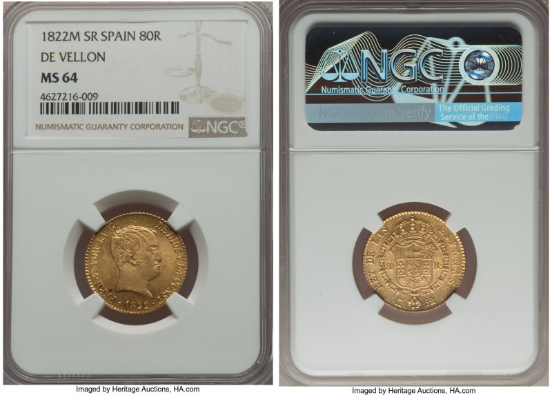 Ferdinand VII gold "De Vellon" 80 Reales 1822 M-SR MS64 NGC, Madrid mint, KM564....