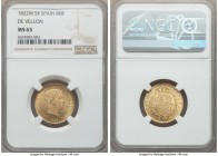 Ferdinand VII gold "De Vellon" 80 Reales 1822 M-SR MS63 NGC, KM564.2. Wholly original surfaces with ample luster and just a few scattered hairlines. 
...