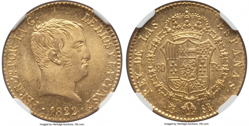 Ferdinand VII gold "De Vellon" 80 Reales 1822 M-SR MS62 NGC, Madrid mint, KM564....