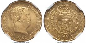 Ferdinand VII gold "De Vellon" 80 Reales 1822 M-SR MS62 NGC, Madrid mint, KM564.2. Exceptional vibrancy adorns the surfaces and limited handling is vi...