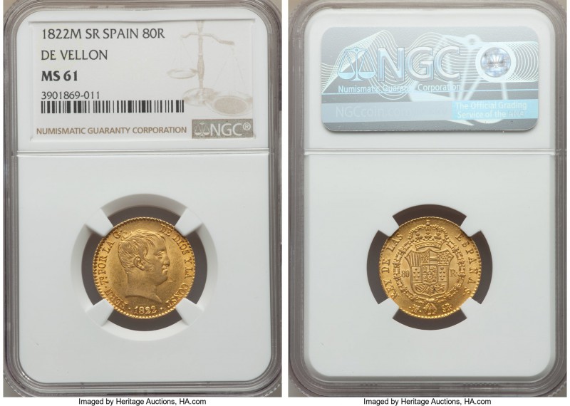 Ferdinand VII gold "De Vellon" 80 Reales 1822 M-SR MS61 NGC, Madrid mint, KM564....