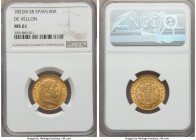 Ferdinand VII gold "De Vellon" 80 Reales 1822 M-SR MS61 NGC, Madrid mint, KM564.2. Some light rub on the high points, but overall problem-free and qui...
