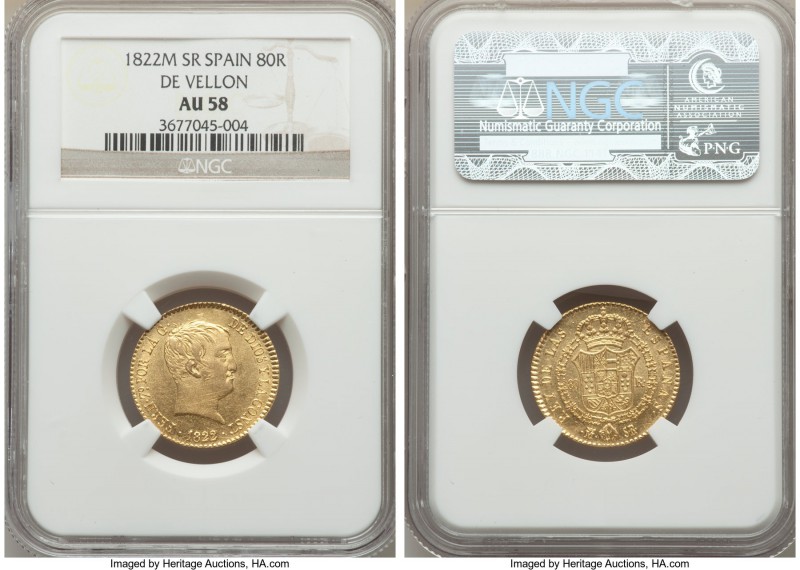 Ferdinand VII gold 80 Reales 1822 M-SR AU58 NGC, Madrid mint, KM564.2. De Vellon...