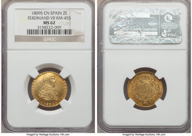 Ferdinand VII gold 2 Escudos 1809 S-CN MS62 NGC, Seville mint, KM455. Currently ...