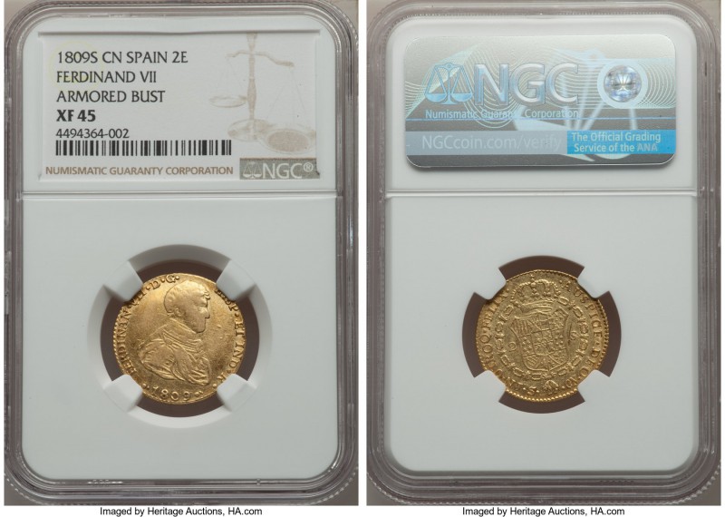 Ferdinand VII gold 2 Escudos 1809 S-CN XF45 NGC, Seville mint, KM455. A lesser-s...