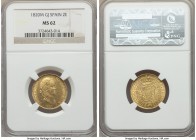 Ferdinand VII gold 2 Escudos 1820 M-GJ MS62 NGC, Madrid mint, KM483.1. A stellar representative, admittedly displaying the scattered marks commensurat...