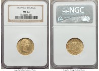 Ferdinand VII gold 2 Escudos 1829 M-AJ MS62 NGC, Madrid mint, KM483.1. Presently outranked by only 2 specimens in the NGC census, this highly attracti...