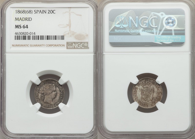 Isabel II 20 Centimos 1868(68) MS64 NGC, Madrid mint, KM625.1. A charming Choice...