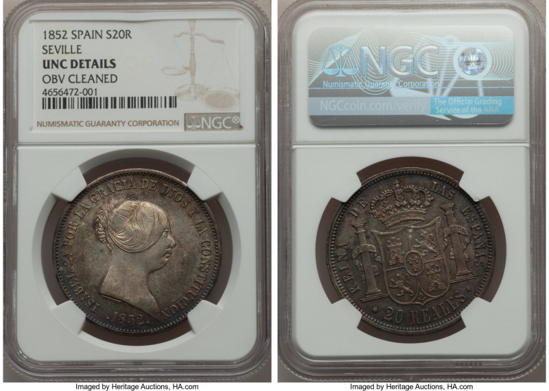 Isabel II 20 Reales 1852 UNC Details (Obverse Cleaned) NGC, Seville mint, KM593....