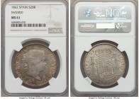 Isabel II 20 Reales 1862 MS61 NGC, Madrid mint, KM609.2. A type not often seen in Mint State, displaying original luster underneath variegated olive a...