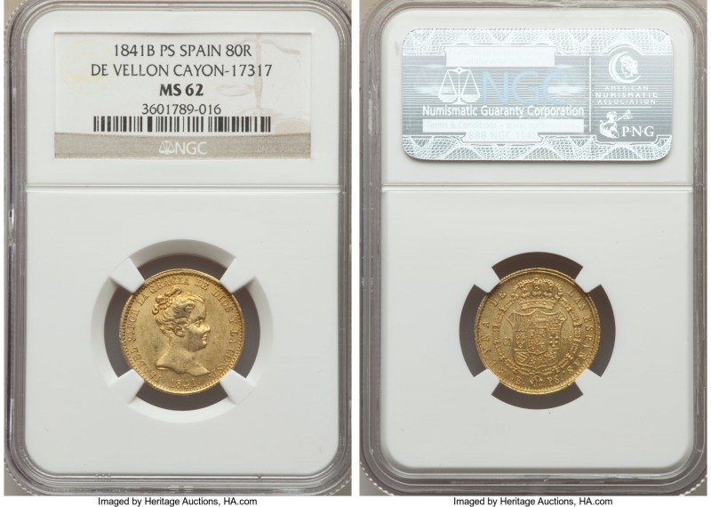 Isabel II gold "De Vellon" 80 Reales 1841 B-PS MS62 NGC, Barcelona mint, KMA579,...