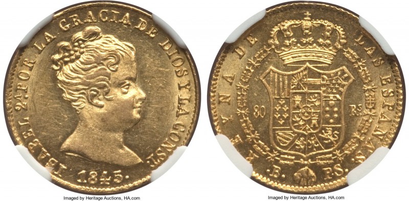 Isabel II gold "De Vellon" 80 Reales 1845 B-PS MS63 NGC, Barcelona mint, KMA579,...
