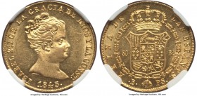 Isabel II gold "De Vellon" 80 Reales 1845 B-PS MS63 NGC, Barcelona mint, KMA579, Fr-324. A lightly toned and highly choice example of the type, with a...