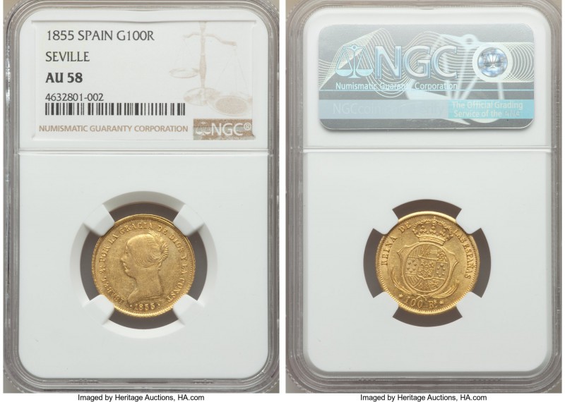 Isabel II gold 100 Reales 1855 AU58 NGC, KM596.3. Only faint signs of circulatio...