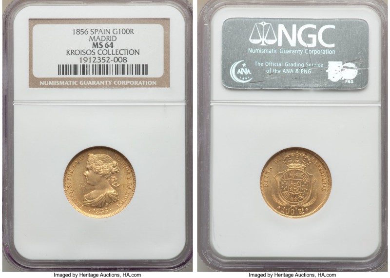 Isabel II gold 100 Reales 1856 MS64 NGC, Madrid mint, KM605.2. A sublime specime...