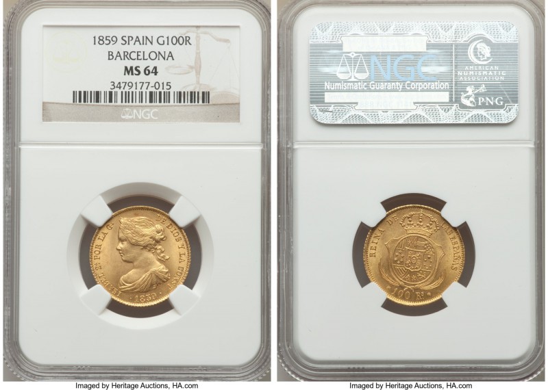 Isabel II gold 100 Reales 1859 MS64 NGC, Barcelona mint, KM605.1. A fully silky ...