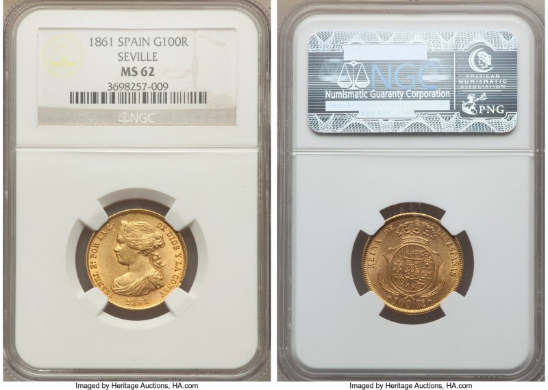 Isabel II gold 100 Reales 1861-(7 Pointed Star) MS62 NGC, Seville mint, KM605.3....