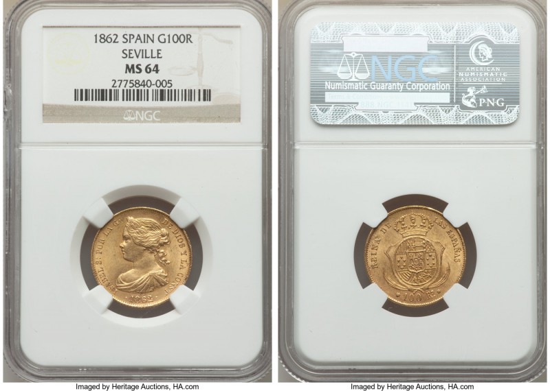 Isabel II gold 100 Reales 1862 MS64 NGC, Seville mint, KM605.3. A fully choice s...