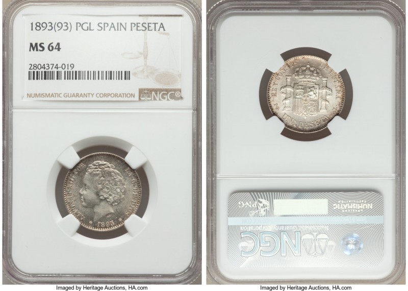 Alfonso XIII Peseta 1893(93) PG-L MS64 NGC, Madrid mint, KM702. Brimming with br...