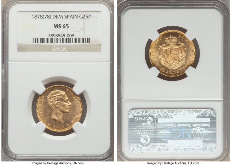 Alfonso XII gold 25 Pesetas 1878 (78) DE-M MS65 NGC, KM673. Clearly struck from ...