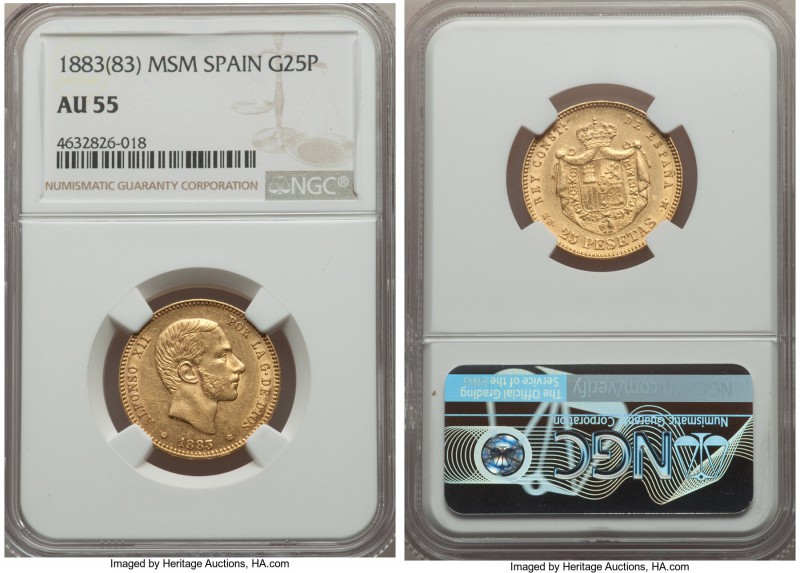 Alfonso XII gold 25 Pesetas 1883 (83) MS-M AU55 NGC, Madrid mint, KM687. AGW 0.2...
