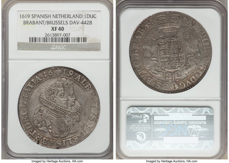 Brabant. Albert and Isabella of Spain Ducaton 1619 XF40 NGC, Brabant mint, KM49....